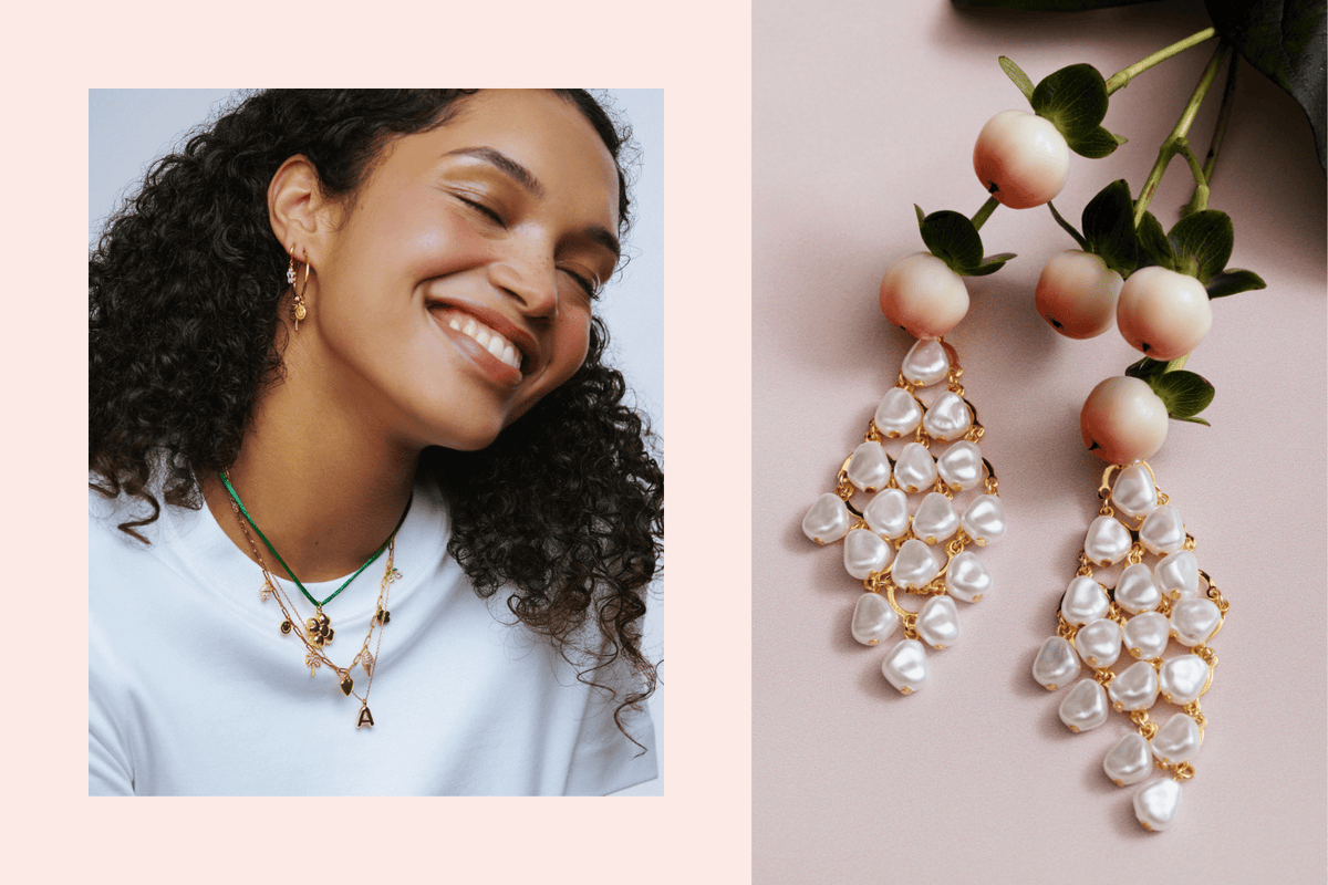 Model wearing Orelia new in flower jewellery and pearl jewellery. Still life image of statement pearl drop earrings